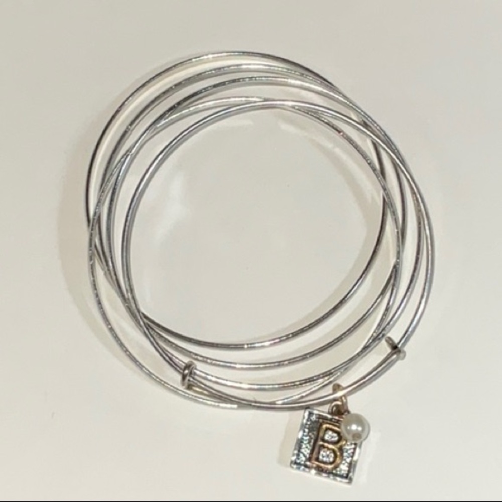 Five Silver Toned Bangle Bracelets One Has Initial B and Faux Pearl Charm